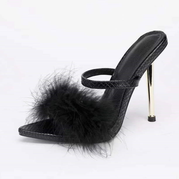 Sandalias exteriores de tacón alto con decoración de pelusa y punta abierta con boca de pez sexy para mujer Wmkox8yii ytu2915