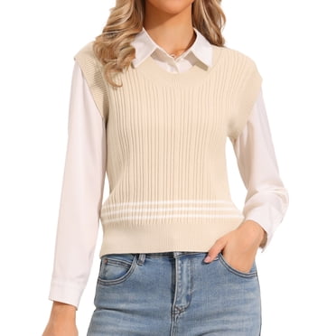 Sweater Vest for Women Sleeveless Crew Neck Casual Knitted Pullover Sweater Top XS Beige