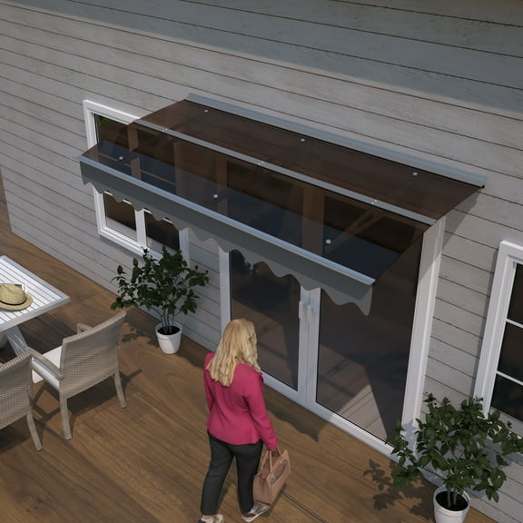 Miekor 79" x 34" Window Awnings Door Entrance Canopy, Aluminum Alloy Bracket, 0.137 Inch Thick Crystal Solid Polycarbonate Sheet with Valance for Wooden Wall House (DA7934W Series Brown Roof) 0075