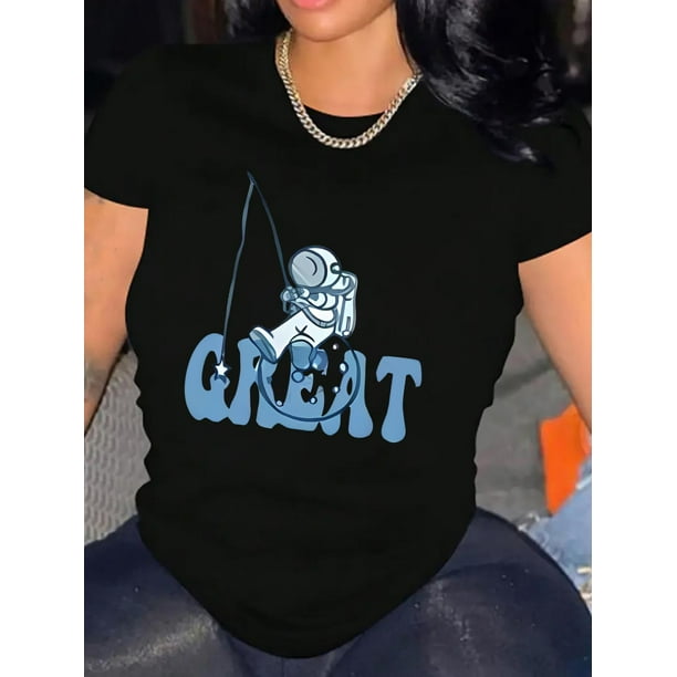 Women's "GREAT" Astronaut Fishing Print Tee - Casual & Sporty Round Neck Short Sleeve, Comfortable Polyester Blend Summer Top