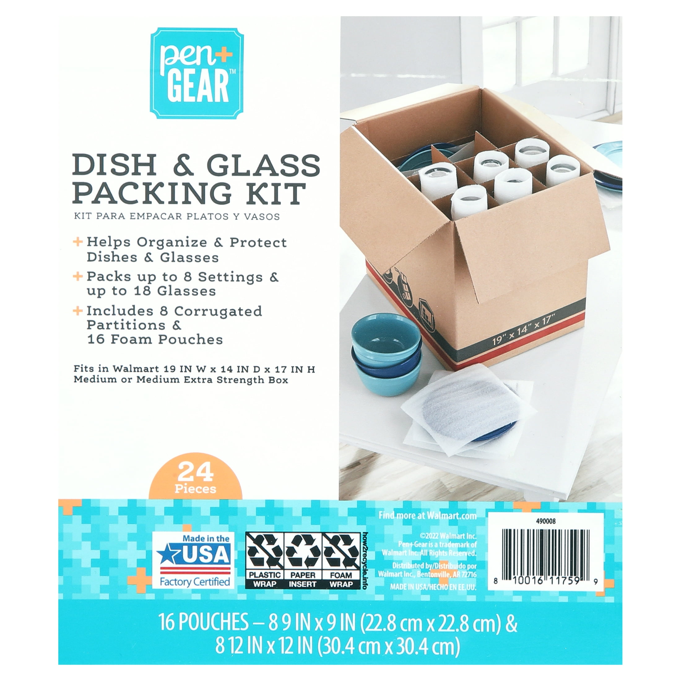 Pen+Gear Dish & Glass Packing Kit, 16 Foam Pouches & 8 Partitions, Fits Medium Box (19"x14"x17")
