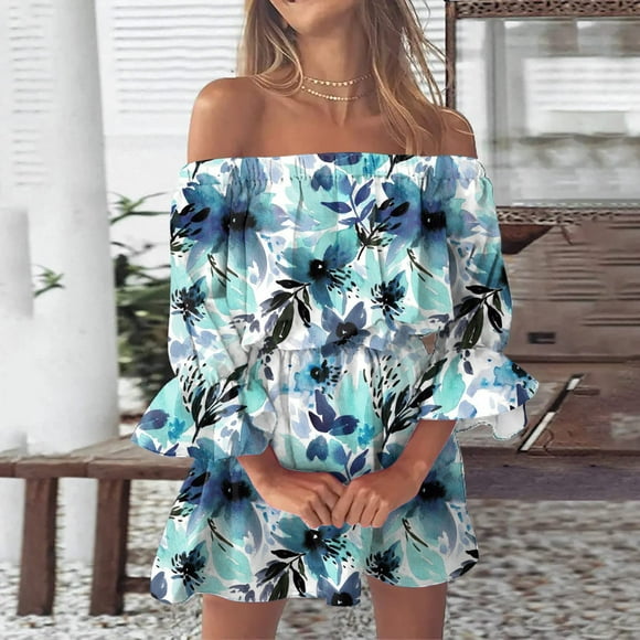 Meichang Summer Mini Dresses for Women Sexy Off Shoulder Bohemian Dress Ruffle Floral Print Dresses Belted Long Sleeve Vacation Dress