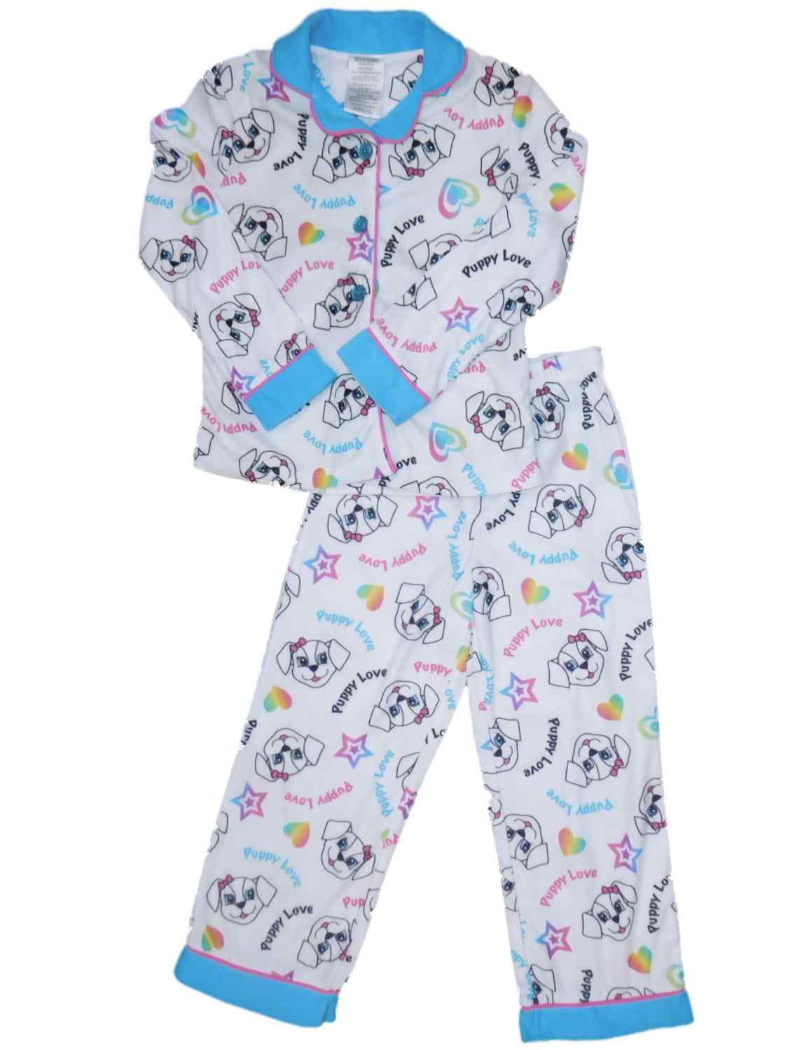 Girls White Dog With Bow Pajamas Puppy Love Rainbow Hearts Flannel