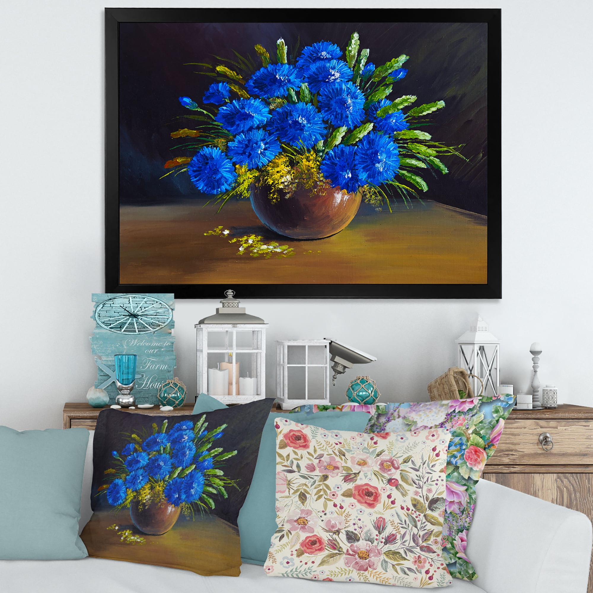 Designart 'Still Life A Bouquet Of Blue Wildflowers In Vase' Traditional Framed Art Print