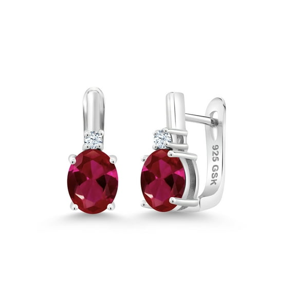 Gem Stone King 925 Sterling Silver Red Created Ruby and White Zirconia Earrings for Women (4.09 Cttw, Gemstone July Birthstone, Oval 9X7MM)