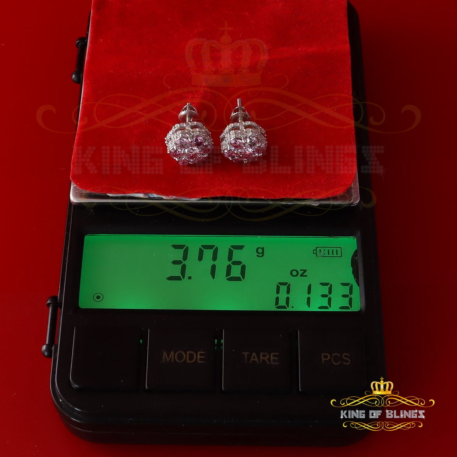 King of Bling's Men/Women's 925 Silver White 2.50ct VVS D Pink Moissanite 7 stone Stud Earrings