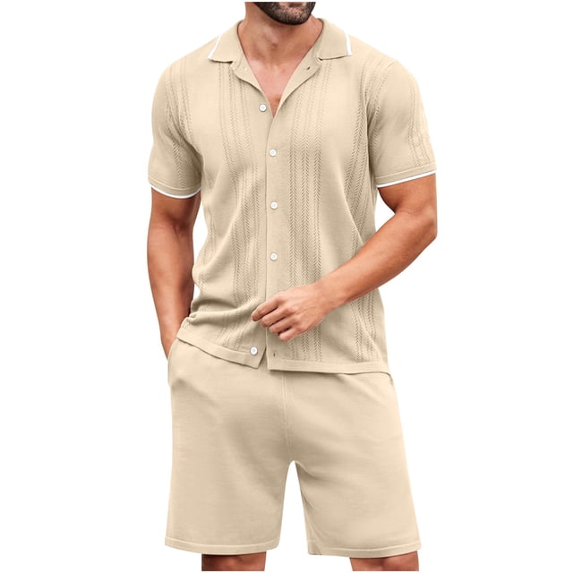 Birdeem Ensemble Chemise et Short pour Hommes, Ensemble à Manches Courtes Col Rabattu