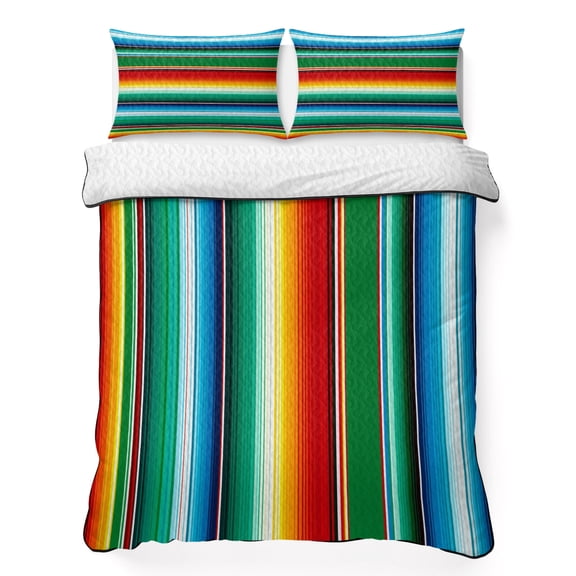 King Quilt Set 96''x106'', Mexican Stripes Lightweight Bedspread Coverlet Set with 2 Pillow Shams, Colorful Striped Mexican Fiesta Theme Breathable All Season Quilt Bedding for Bedroom/Guest Room