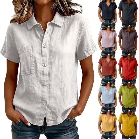 Tqcoqu Womens Cotton Linen Button Down Shirts,Casual Short Sleeve Solid Summer Blouses Tops with Pocket,Black Women's M-XXXL