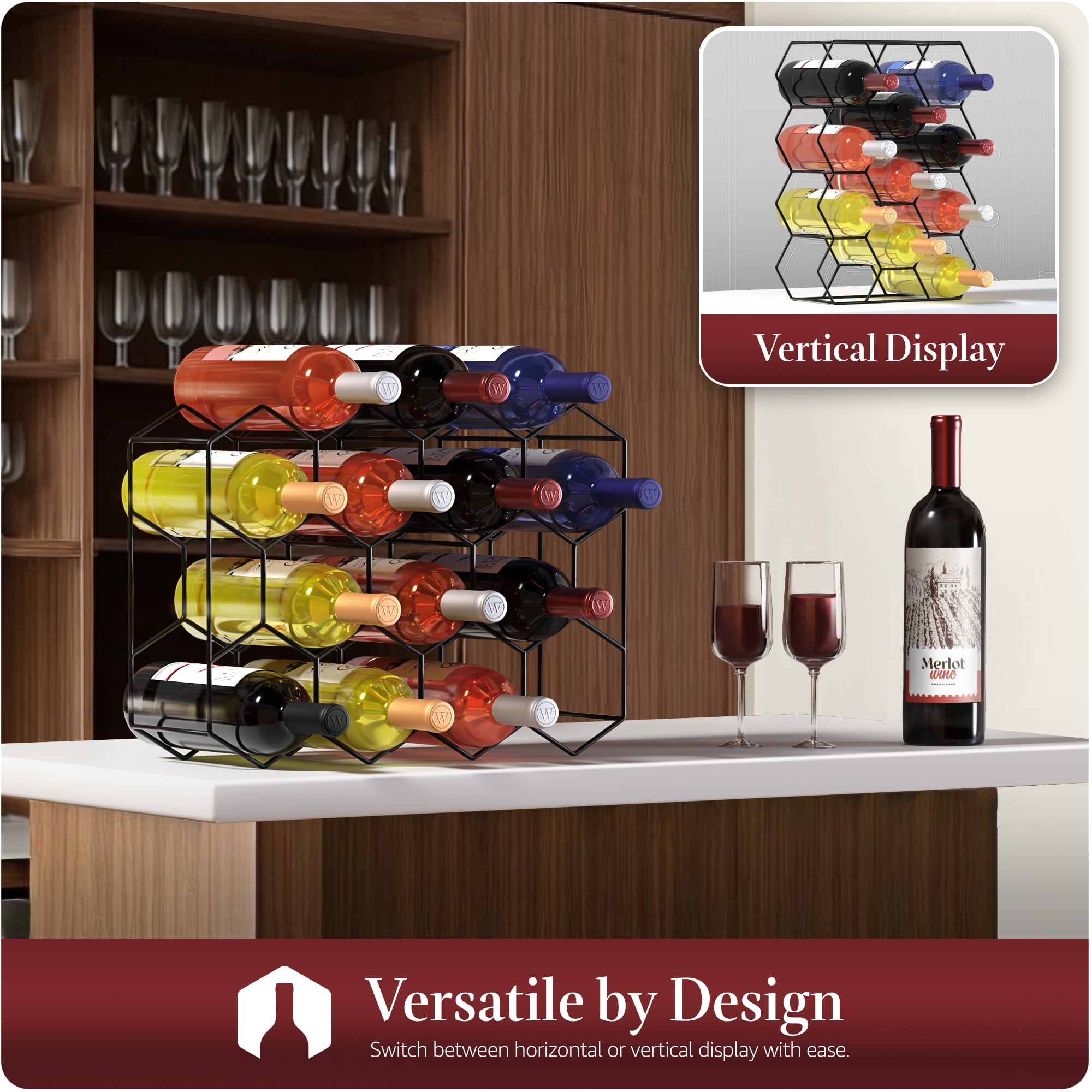 Sorbus 14-Bottle Stackable Metal Wine Rack Black Honeycomb Countertop Storage