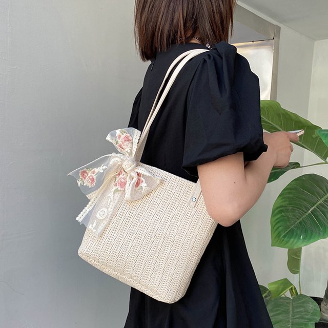 Bolsa Bolso de hombro con cinta de encaje tejido retro para mujer Bolsos de mano informales (Beige) JShteea Para Estrenar