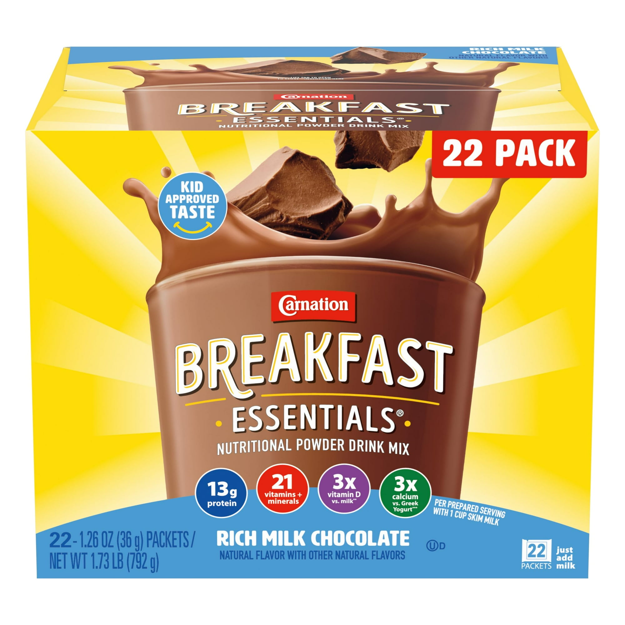 Carnation Breakfast Essentials Powder MMF7 Drink Mix, Rich Milk Chocolate, 22 Count Box of 1.26 Ounce Packets