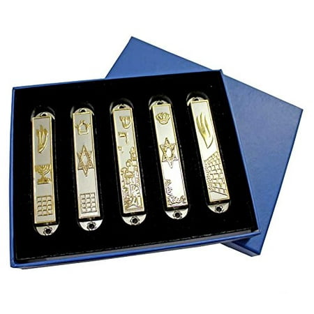 - Set of 5 pewter Mezuzah from Jerusalem: Menorah, western wall, star of David , Jerusalem panorama + GIFT: Gold plated Menorah key chain!