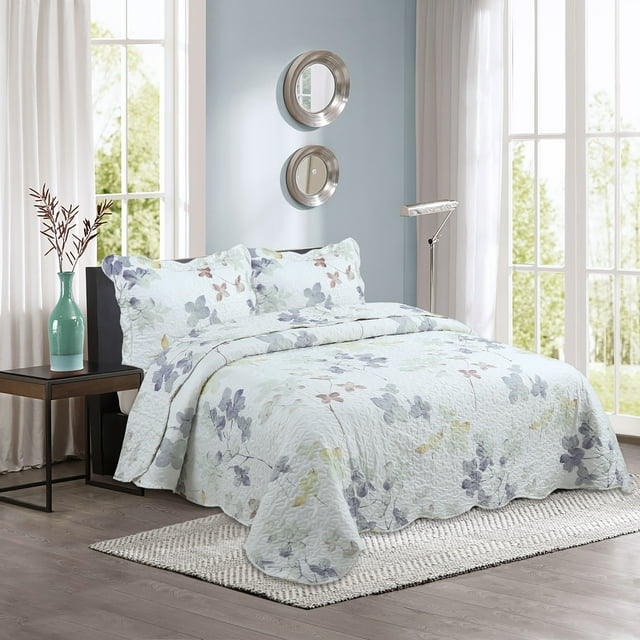 modern bedroom featuring Marina Decoration ultra soft summer bedding quilt set with colorful floral pattern on coverlet and pillow shams