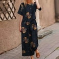 thumbnail image 2 of Ecqkame Women's 2 Piece Cotton Linen Outfits Floral Print Short Sleeve Crewneck Tops and Pants Summer Lounge Sets Dark Blue XXXXXL, 2 of 4