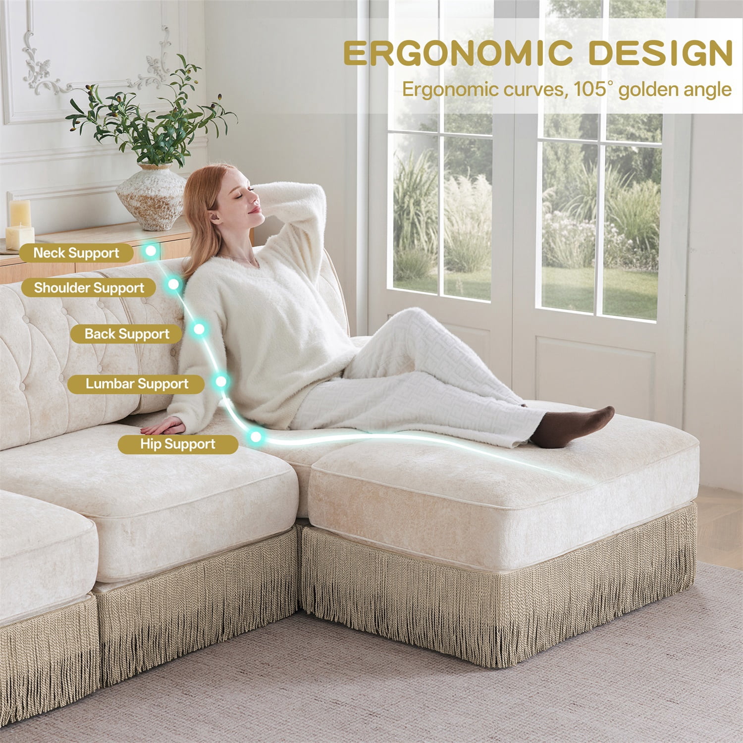 Hommoo 4-Seater Chesterfield Style Velvet Fabric U-Shaped Sectional Sofa with 2 Ottomans, Tufted Button Upholstered Design and Floor-grazing Tassel, Free Combination Sofa Couch Set, for Home, Beige
