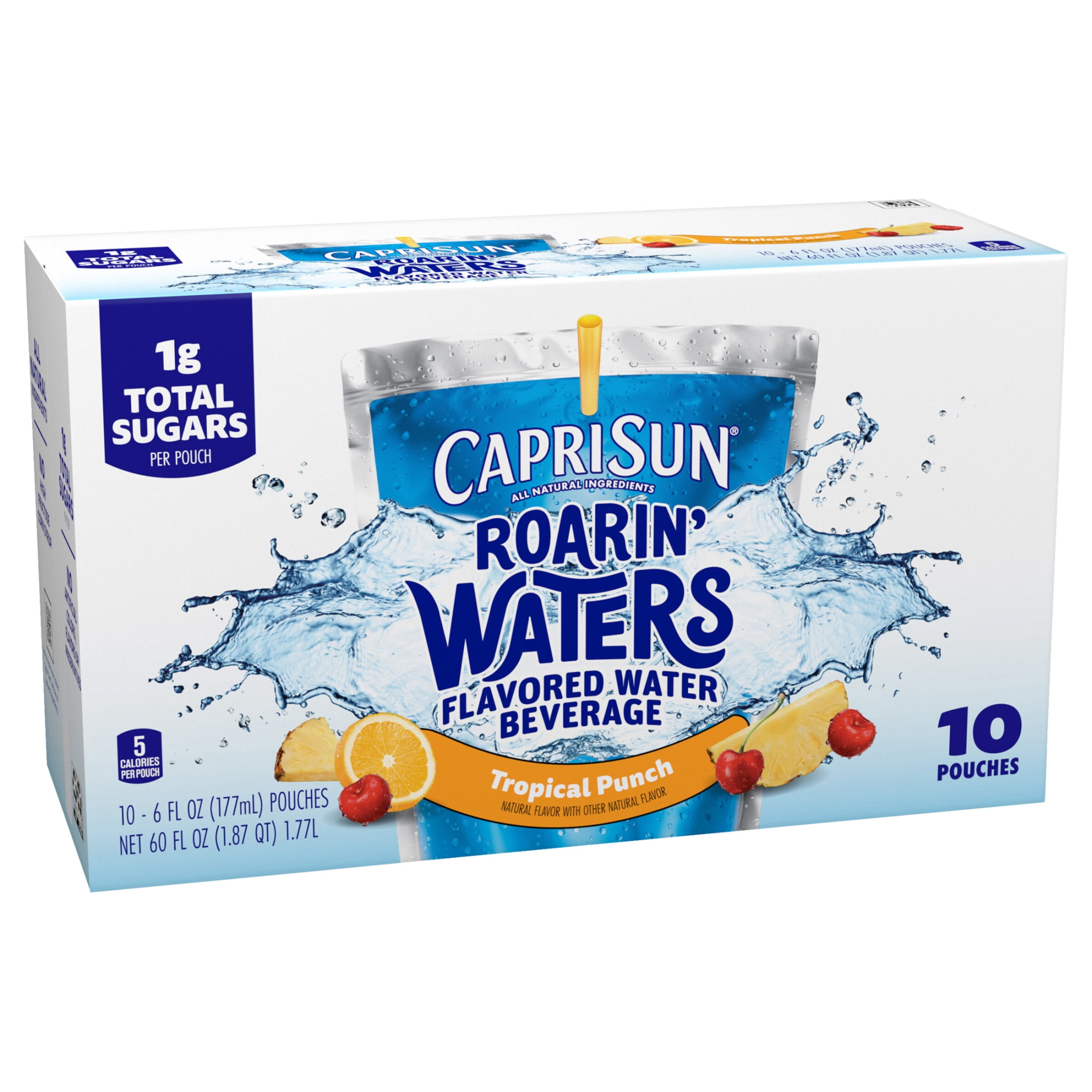 Capri Sun Roarin' Waters Flavored Water Beverage, 10 Pouches, for School Lunches and On-the-Go Hydration, Tropical Punch Natural Flavor with Other Natural Flavor, All Natural Ingredients, 6 oz