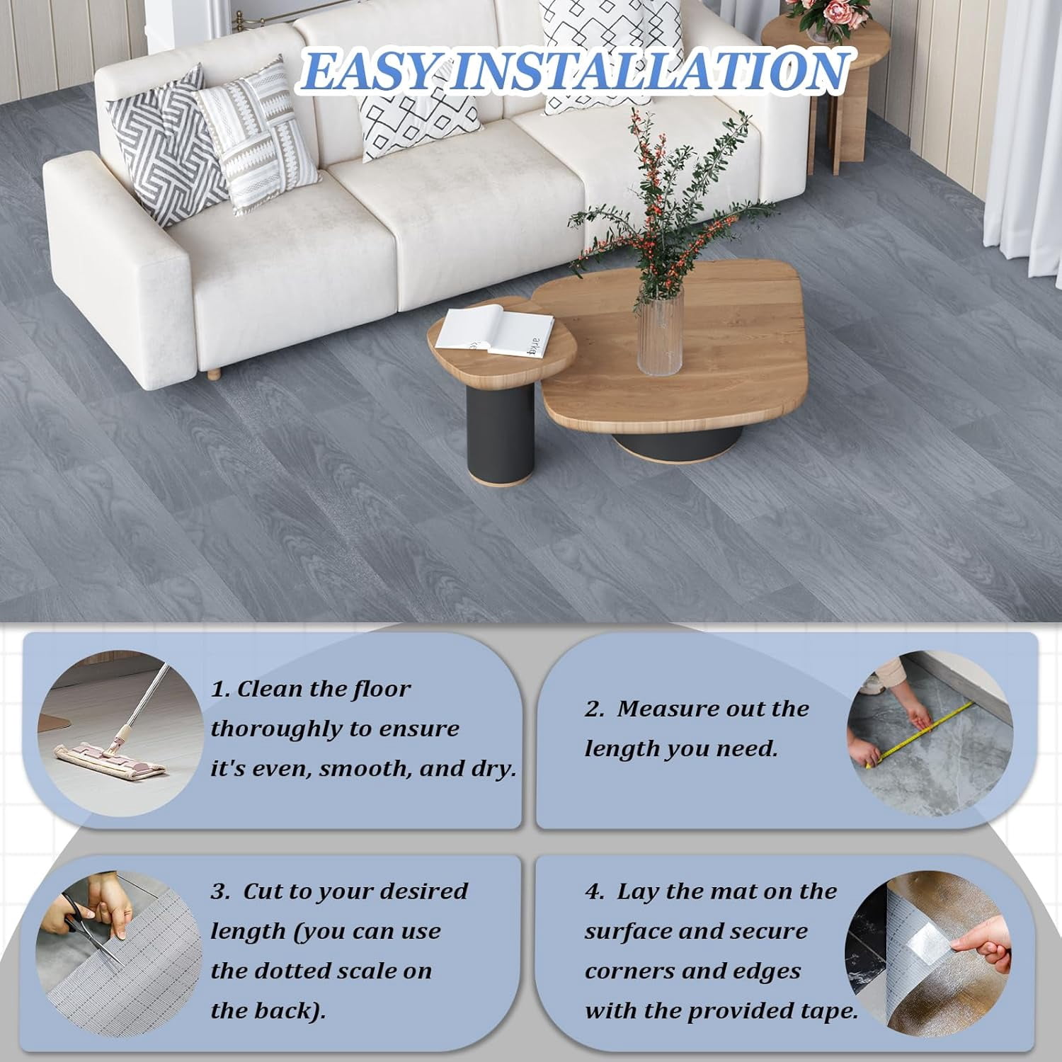 Oxdigi Vinyl Flooring Roll 39.3x196 inches, PVC Leather-Like Linoleum Floor Covering with Tape, Removable- No Adhesive Backing Light Gray Wood