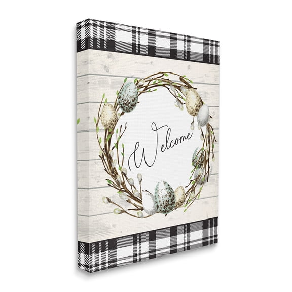 Stupell Industries Spring Speckled Robin Egg Welcome Wreath Patchwork Plaid, 30 x 40, Designed by ND Art