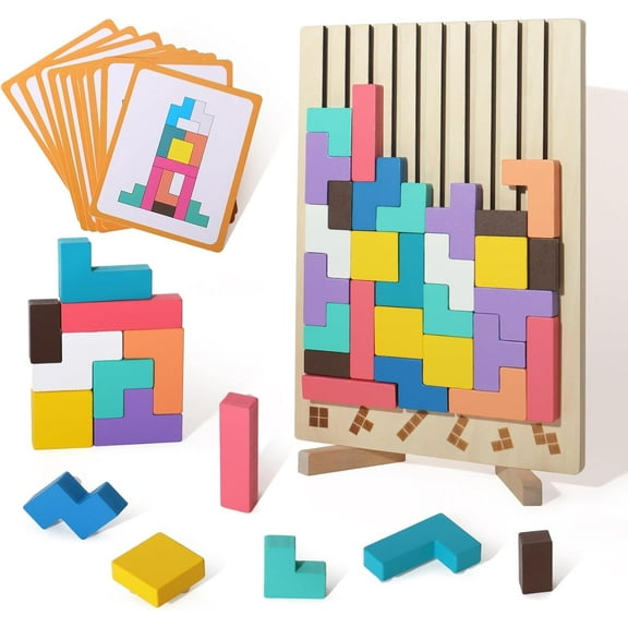 Wooden Colored 3D Russian Block PuzzleToys,  Jigsaw Stacking Montessori Toys Educational Gift, Board Game 10-Card and 42-Piece Puzzle Toys Brain Blocks Teasers for 3-6 Years