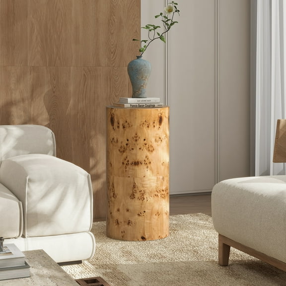 Nebula 29.5" Burl Accent Pillar Side Table with Warm Natural Brown Solid Wood