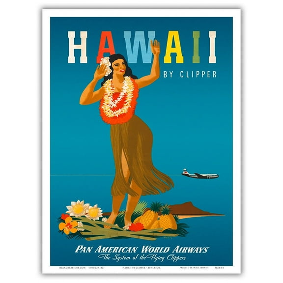 Hawaii By Clipper - Hawaiian Hula Girl - Pan American World Airways - Vintage Airline Travel Poster by John Atherton c.1950s - Master Art Print (Unframed) 9in x 12in