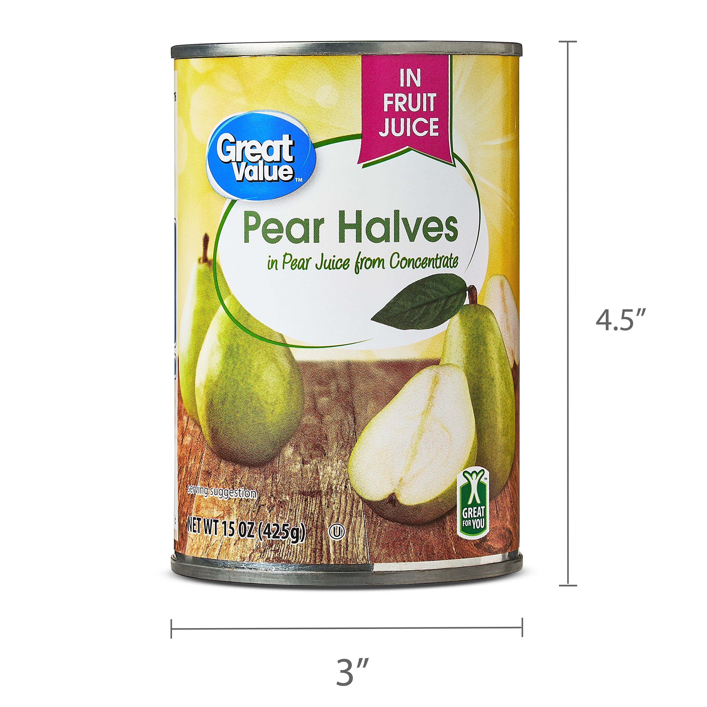 Great Value Pear Halves in Pear Juice 15 oz, Canned Fruit Snack