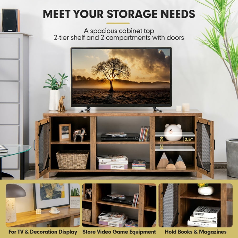 Finihen TV Stand, TV Cabinet, TV Stand for TVs up to 65-Inch with 2 Metal Mesh Doors and Ad, Media Entertainment Center with Storage, for Living Room, Bedroom, Rustic Brown