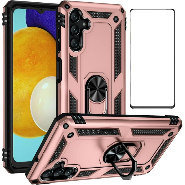 for Samsung Galaxy A13 5G Case with Screen Protector,Ring Kickstand Military Grade Protective Shockproof Armor Dual Layer Protection Defender Back Cover Phone Case for Galaxy A13 5G - Rose Gold
