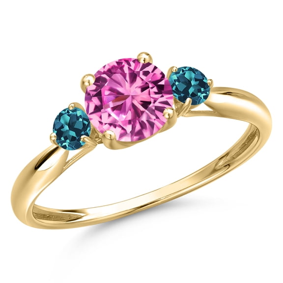 Gem Stone King 10K Yellow Gold Pink Created Sapphire and London Blue Topaz 3-Stone Ring for Women | 1.26 Cttw | Round 6MM | Gemstone September Birthstone | Size 9