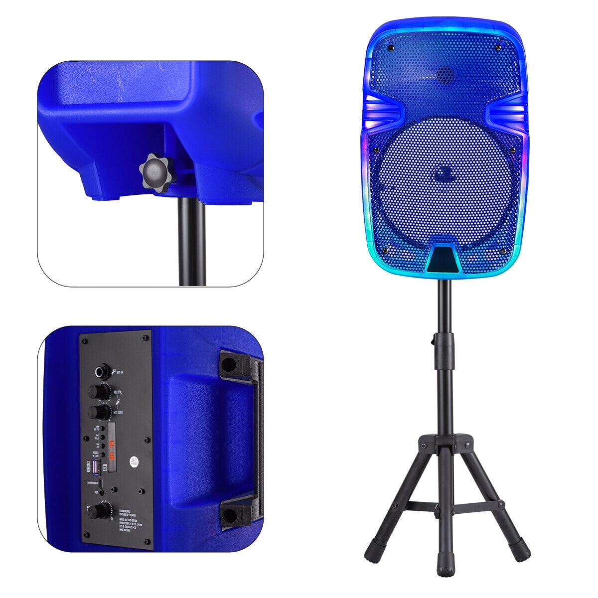 Portable Bluetooth Speaker 8" Woofer w/ Tripod Stand Microphone Remote Control Blue LED, Clear Shell