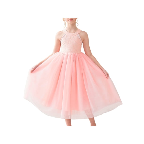 Vestido de Niña Rosa Flor Encaje Halter Princesa Boda Dama de Honor Tul 12 Años