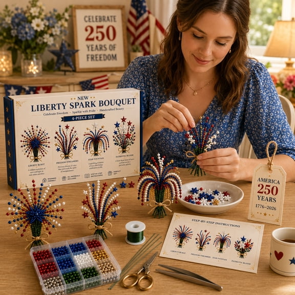 Beaded Flower Kit,America 250 Beaded Bouquet DIY Kit,1776-2026 America 250th Independence Day Craft Set,4 Pack Handmade Flower Making Supplies,Holiday Art Decor for Party Ornament (Style-A)