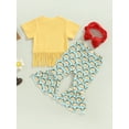 thumbnail image 5 of Kids Girls Summer Outfits 6 12 18 24M 3 4T Letters Print Short Sleeve T-shirt with Tassels and Casual Flare Pants Headbands Set, 5 of 9
