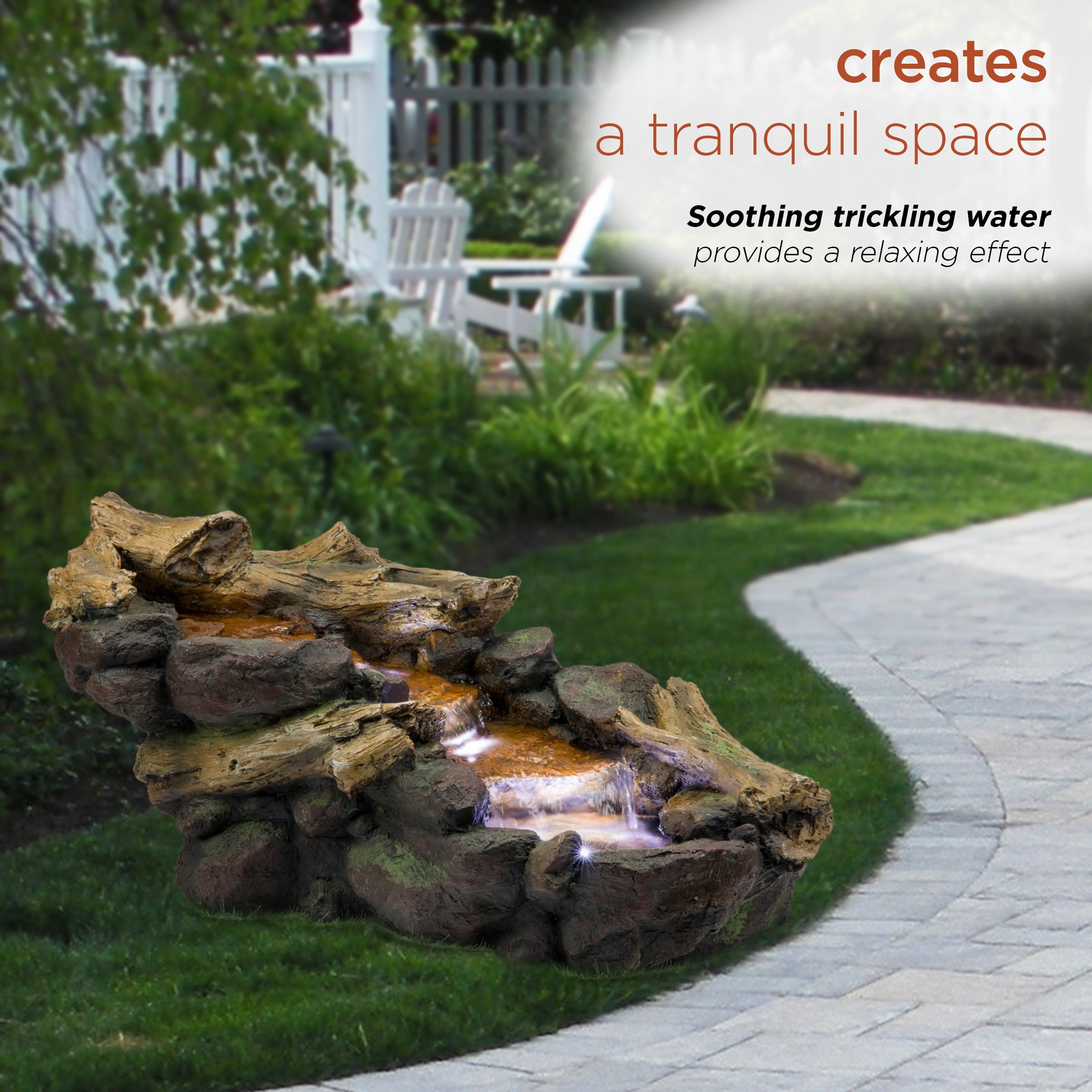 Alpine Corporation 41" Long Indoor/Outdoor River Rock and Log Fountain with LED Lights