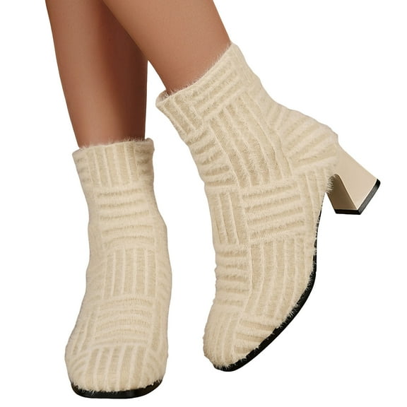 Plush Ankle Boots for Women Comfortable Knit Sock Fall Booties Fashion Square Toe Chunky Mid Heel Slip On Mid Calf Elastic Dress Booties Beige Size 10