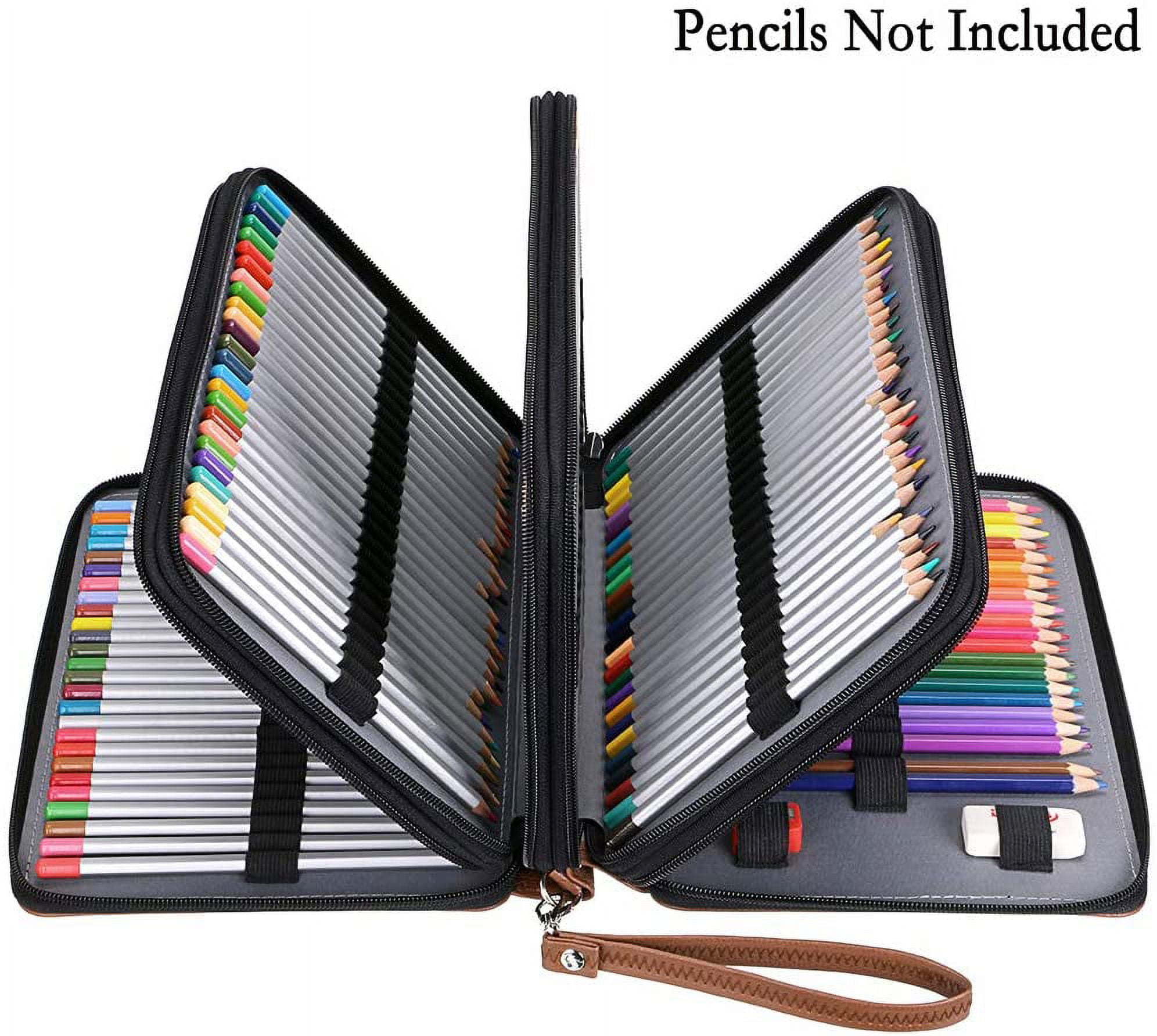 200 Slots Colored Pencil Organizer - Deluxe PU Leather Pencil Case Holder with Removal Handle Strap Pencil Box Large for Colored Pencils Watercolor Pencils Brown
