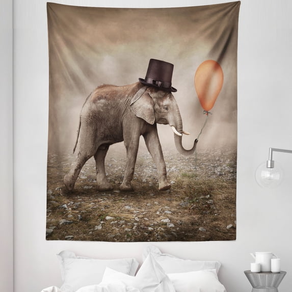 Surreal Tapestry, Illusionist Animal Black Hat Magic Balloon Dreamy Surreal Art, Fabric Wall Hanging Decor for Bedroom Living Room Dorm, 5 Sizes, Orange Black Taupe, by Ambesonne