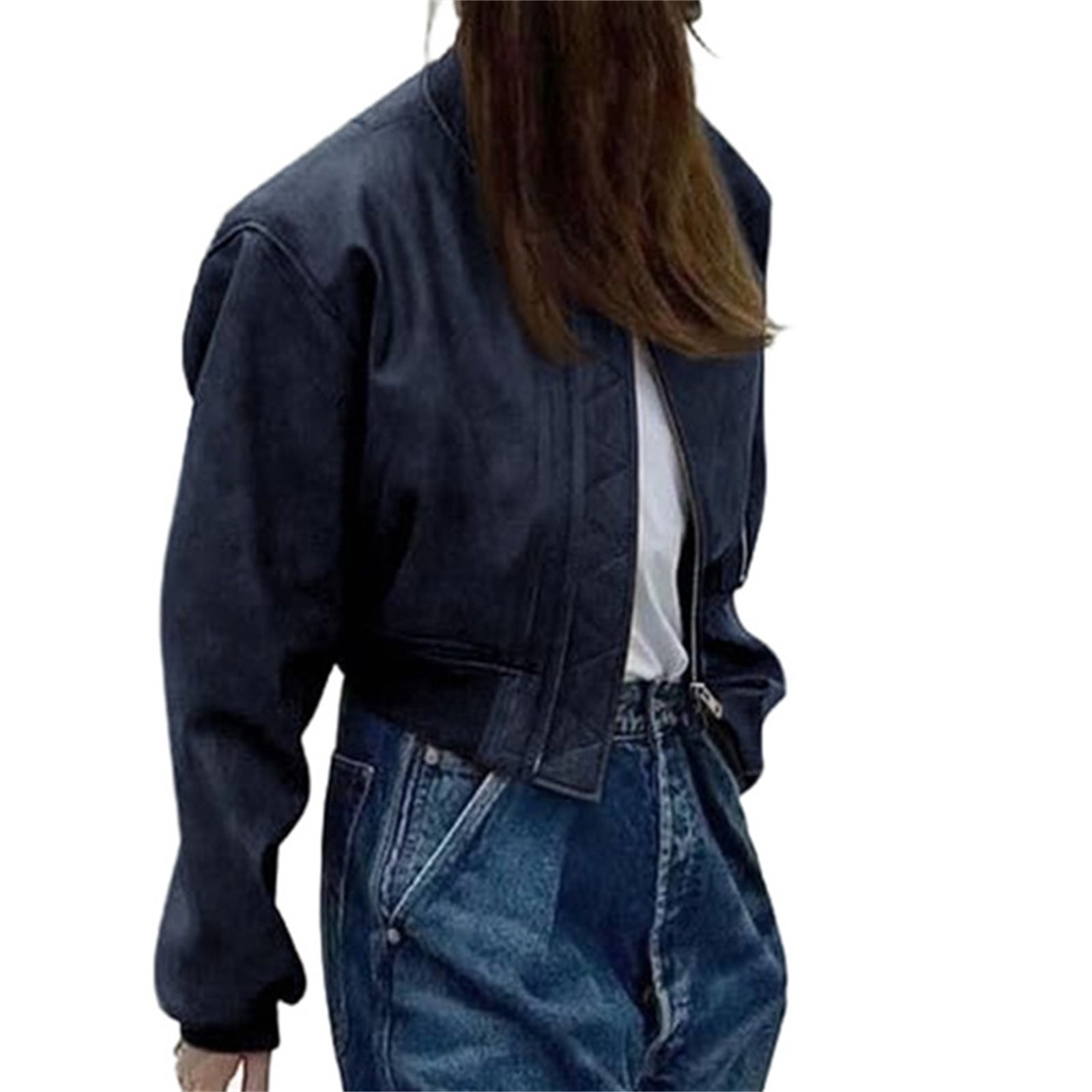 Womens Faux Leather Bomber Jackets Baseball Collar Zip Up Cropped Biker Coat with Pockets
