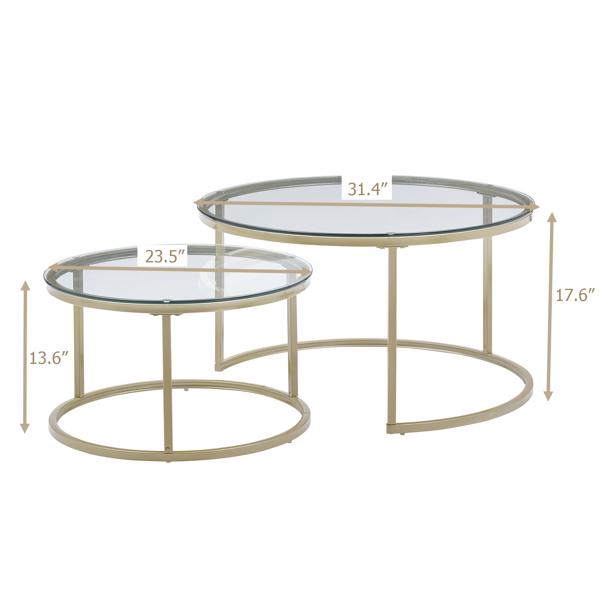 Modern Round Nesting Coffee Table Set with 31.5 inch Tempering Glass Top and Golden Metal Legs Stacking Side Tea Table for Living Room