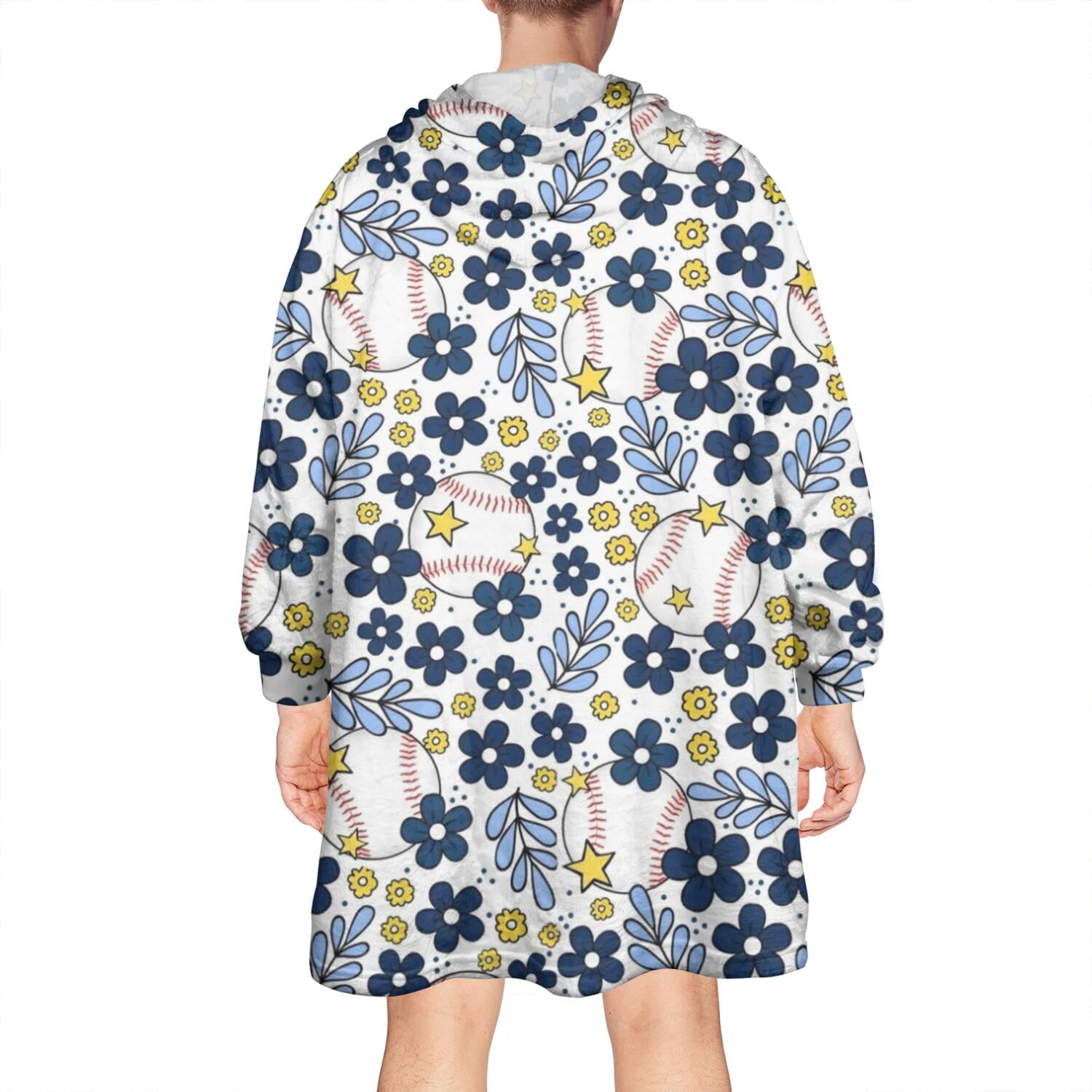 Blue Baseballs with Yellow Flowers Pattern Wearable Oversized Blanket,Wearable Blanket Hoodie for Adults,Cozy Hooded Blankets with Super Pockets,Super Warm Fuzzy Pullover for Women & Men