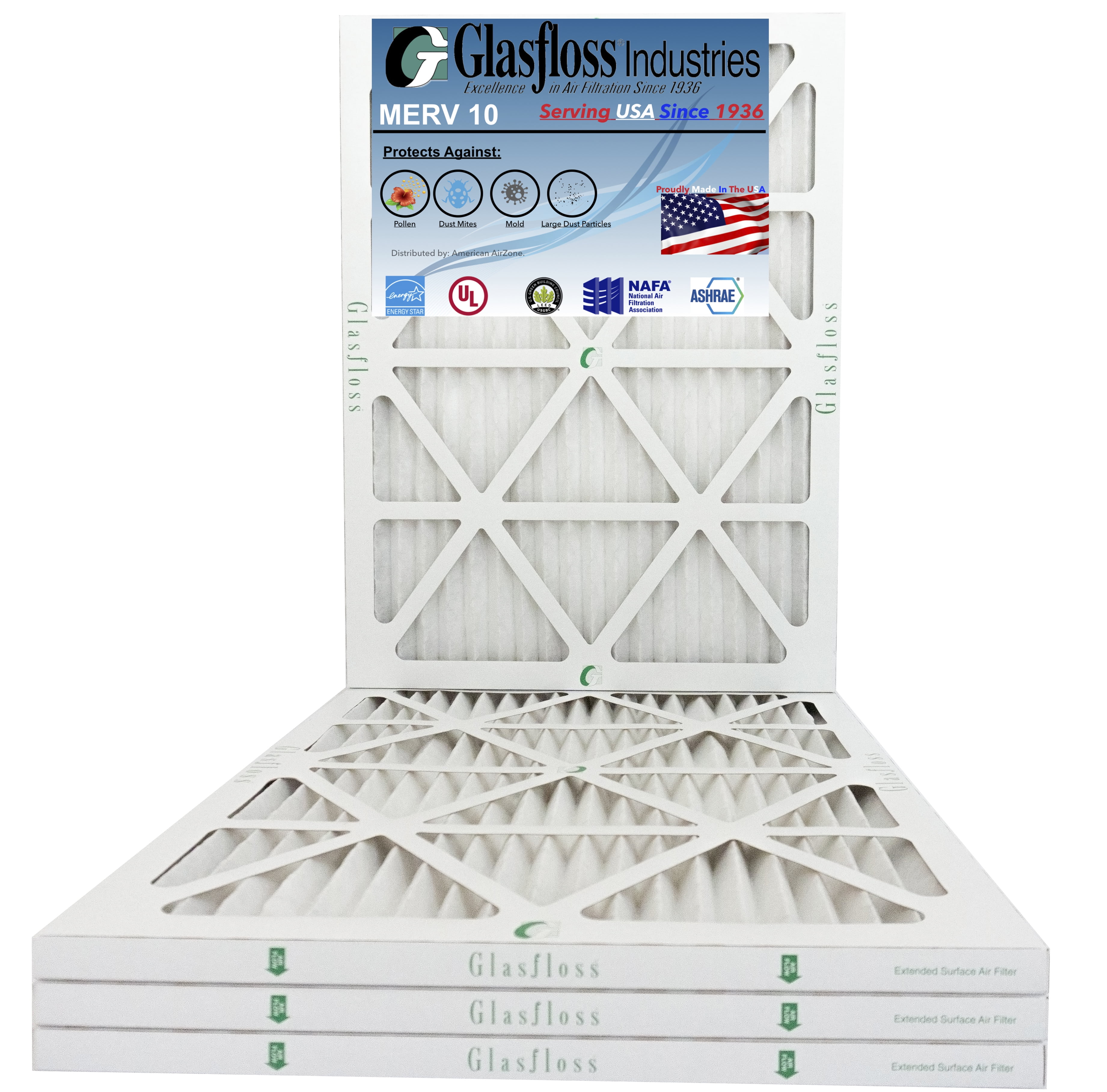 - Pleated AC Furnace Air Filter Made in USA Glasfloss 16x18x1 MERV 10 Qty:4 
