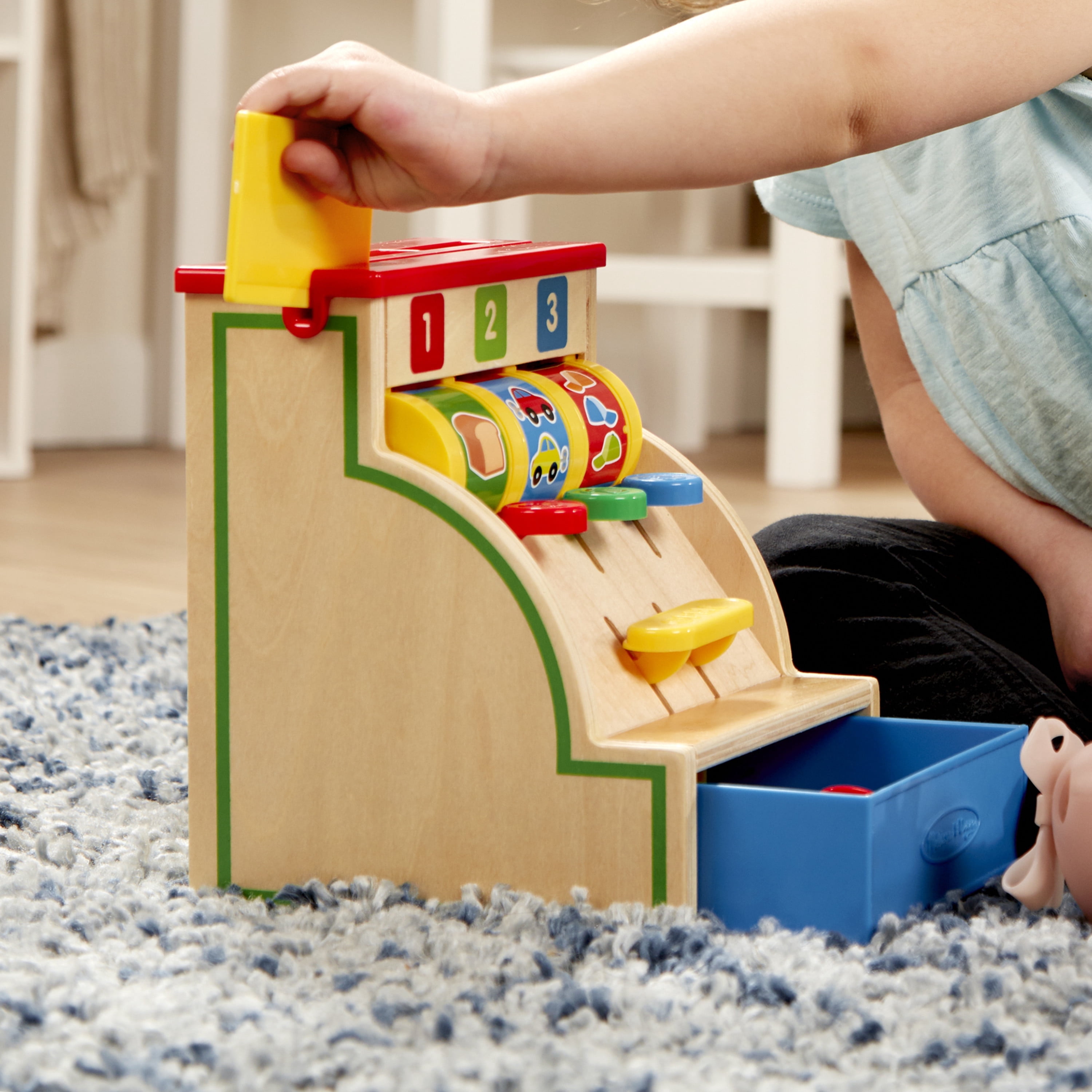 Melissa & Doug Spin and Swipe Wooden Toy Cash Register With 3 Play Coins, Pretend Credit Card