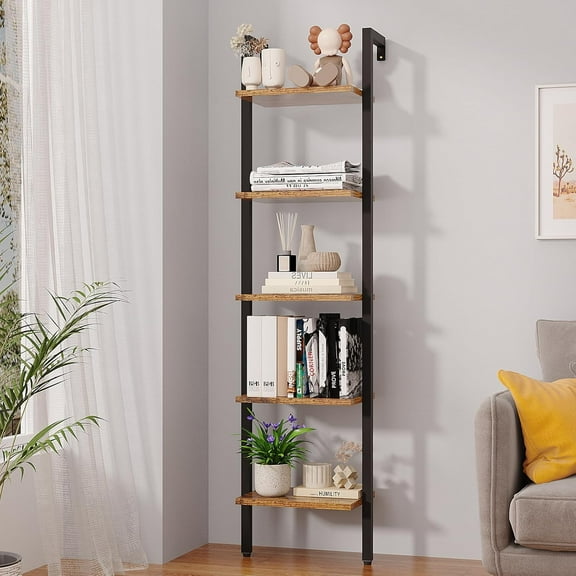 Tiers Ladder Bookcase, Industrial Wall Mounted Bookshelf, Open Display Rack with Metal Frame, Wooden Storage Shelves for Bedroom, Home Office, Plant Stand, Rustic Brown, 70*17.3*11.8"
