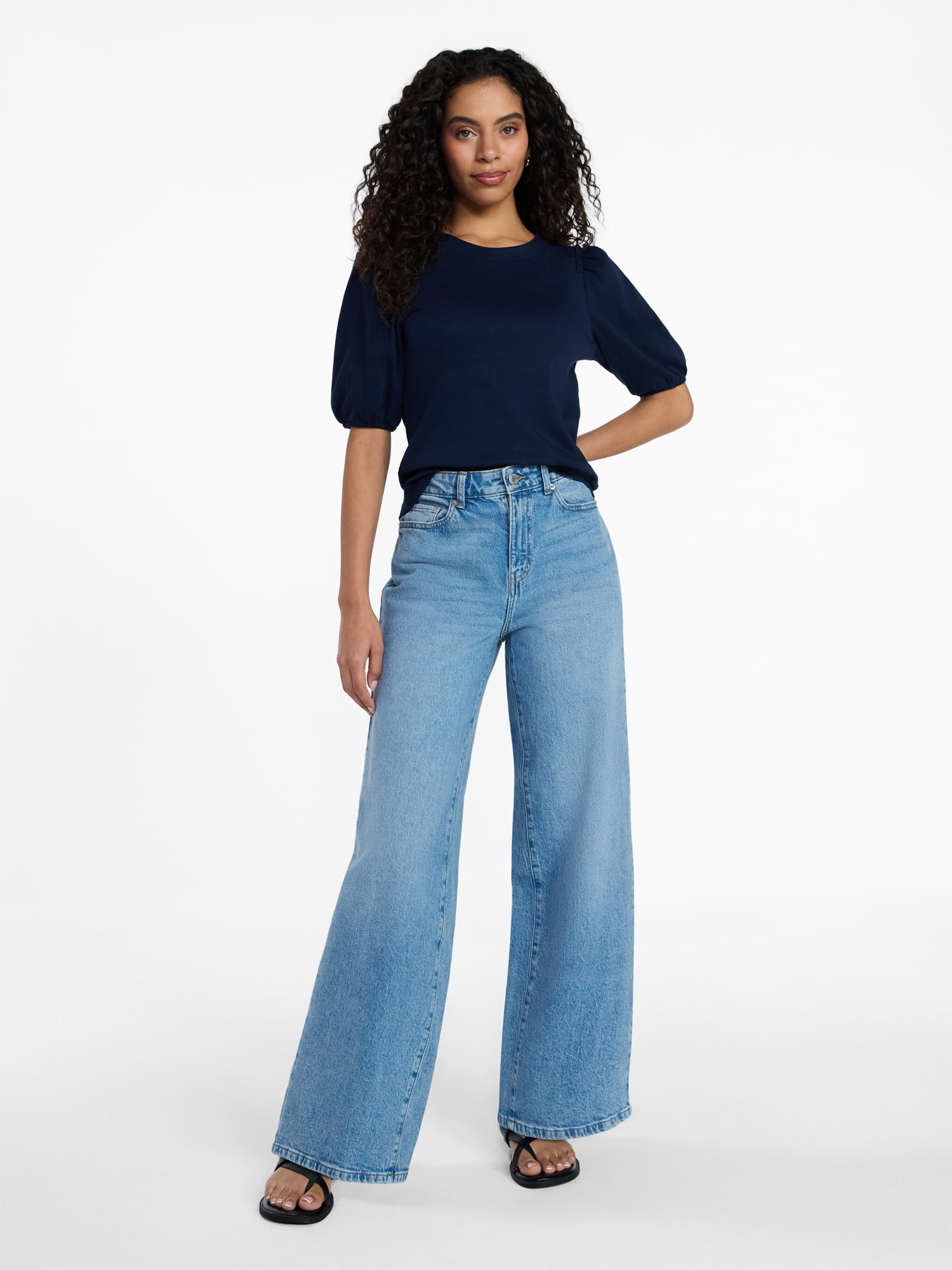 Time and Tru Women's Cotton Crewneck Tee with Puff Sleeves, Sizes XS-XXXL