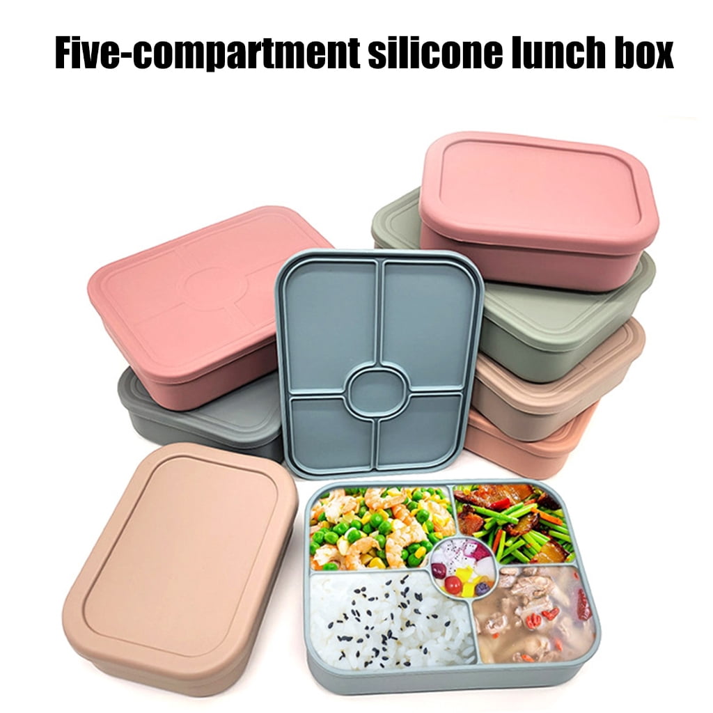 5 Compartment Silicone Lunch Box With Detachable Sauce Container Leak proof Microwave Safe Bentos Box For Office School