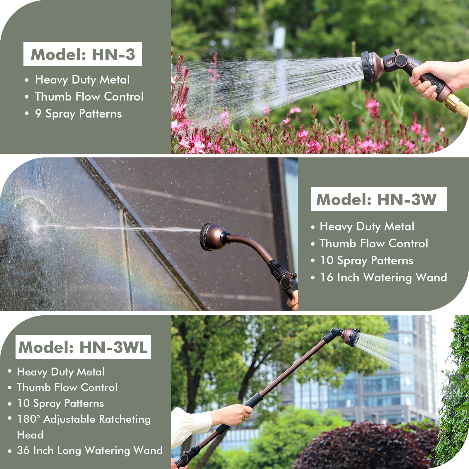 Restmo Metal Watering Wand with 10 Spray Patterns, 15-Inch Hose Nozzle Sprayer with Thumb Flow Control