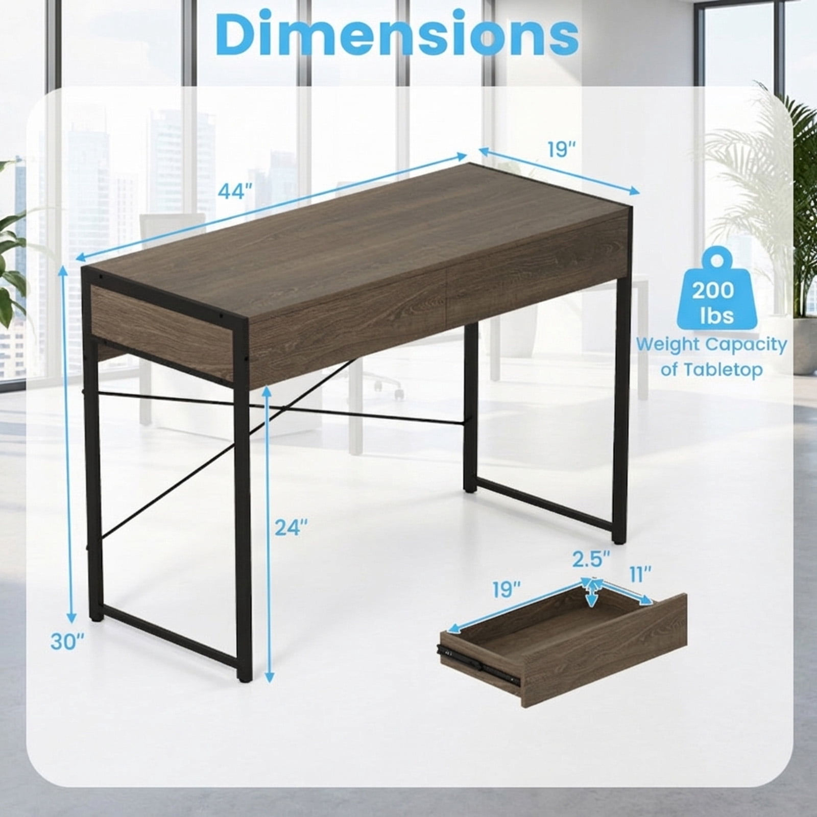 Furnibear 44 Inch Computer Desk with 2 Drawers Home Office Writing Desk Metal Frame X Bracket Engineered Wood Top 200 lbs Capacity Oak