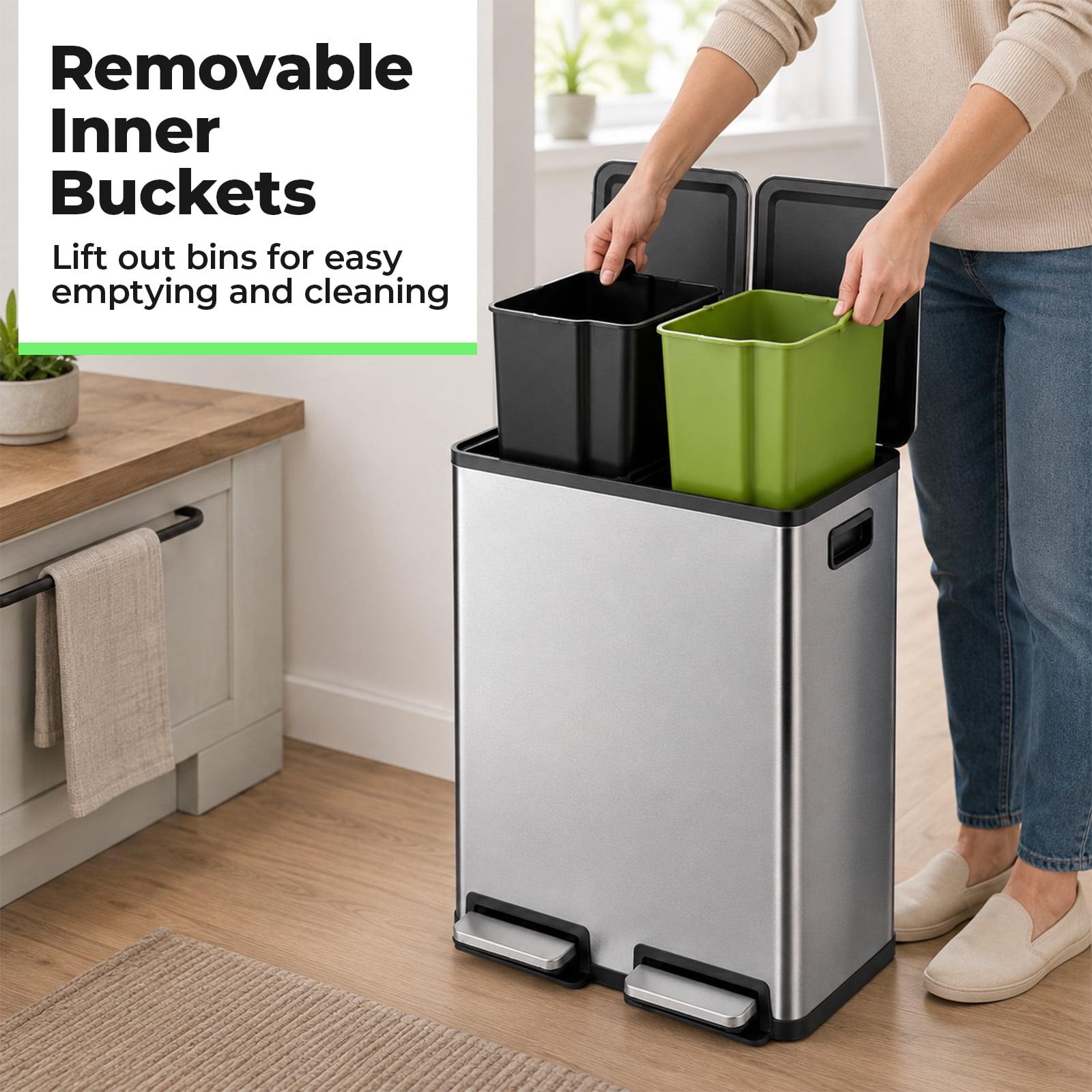 Alvantor 60L Trash Can, Dual Compartment 2x8 Gallon Stainless Steel Garbage Bin with Fingerprint Proof Finish, Soft Close Lid, and Hands-Free Pedal for Kitchen and Office