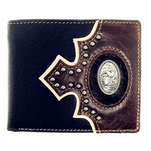 Western Genuine Leather Metal Horse Concho Cowhide Mens Bifold Short Wallet